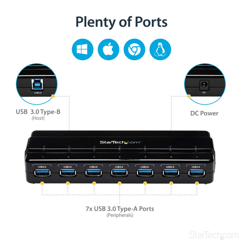 [Australia - AusPower] - StarTech.com 7 Port USB 3.0 Hub – Up To 5 Gbps – 7 x USB – Universal Multi Port USB Extender for Your Desktop – USB Powered (ST7300USB3B) 