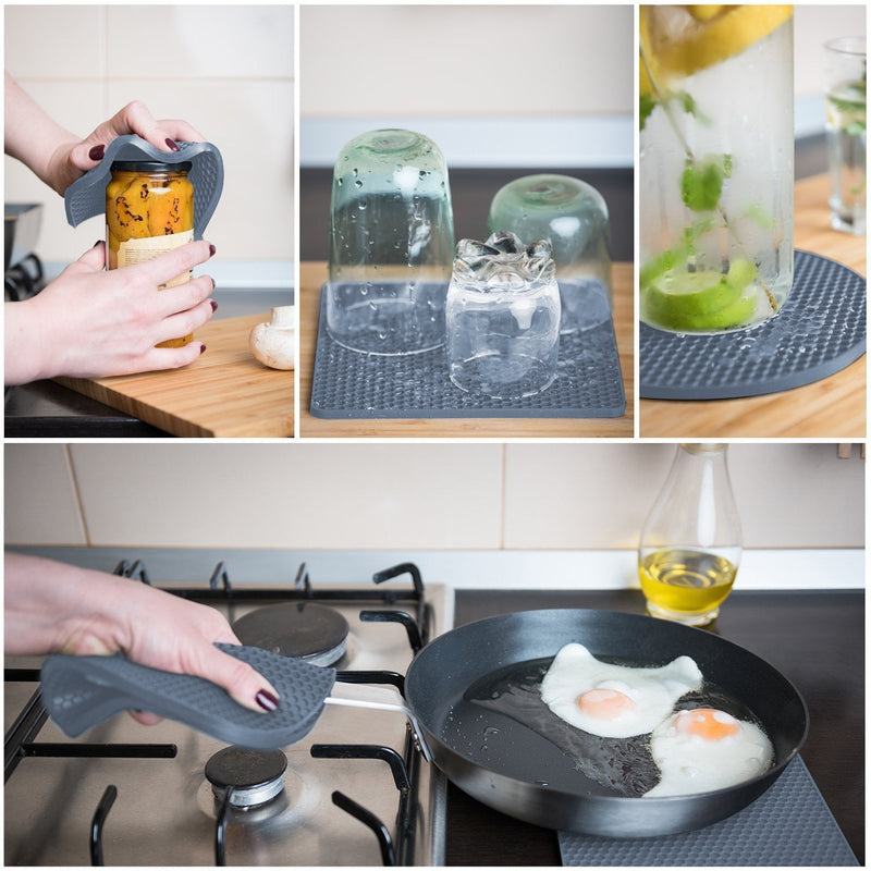 [Australia - AusPower] - Silicone Trivet Mats - Pot Holders - Drying Mat Our potholders Kitchen Tools is Heat Resistant to 440°F, Non-Slip Durable Flexible Easy to wash and Dry and Contains 4 pcs by Q's INN. Gray 