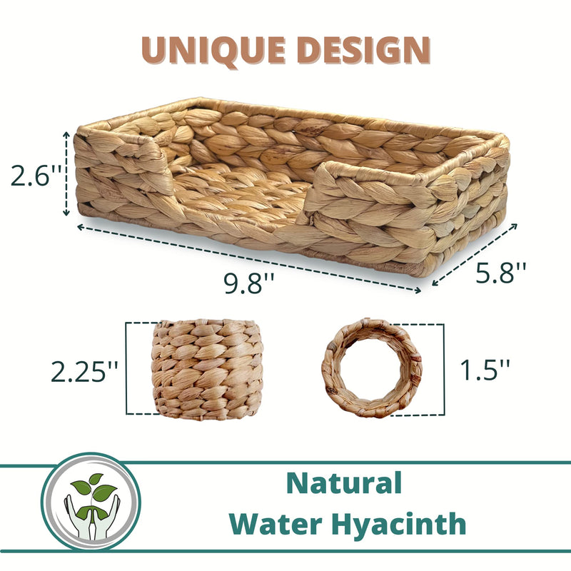 [Australia - AusPower] - Eneocare Flat Napkin Holder with Farmhouse Napkin Rings Set of 6 | Wicker Boho Napkin Rings and Woven Guest Towel Holder Tray for Bathroom, Cocktail, Restaurant, Dining (Water Hyacinth, Rectangle) Water Hyacinth 