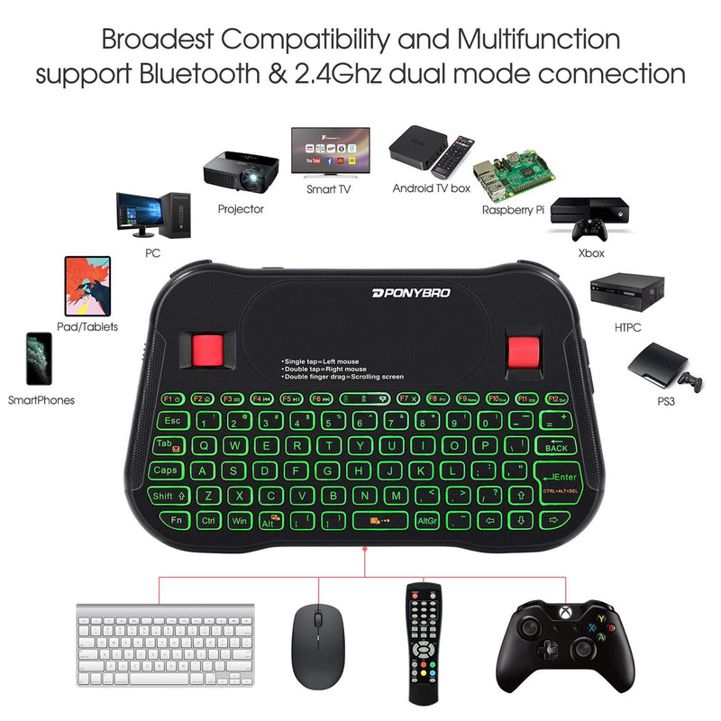 [Australia - AusPower] - PONYBRO Backlit Mini Bluetooth Wireless Keyboard with Touchpad QWERTY keypad,Support Bluetooth＆2.4G USB Connection,Rechargeable Handheld Keyboard Remote for Smartphones,Smart TV,Android TV Box,PC,Pad. 