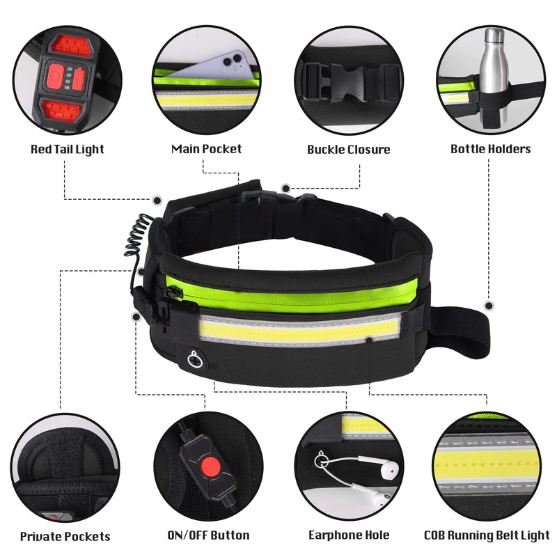 [Australia - AusPower] - Running Light, 1000Lumens Running Belt Fanny Pack with 230°Rechargeable Night Running Light for Phone Waist Bag Light with Water Bottle Holder Slim Running Belt for Runners Sports Jogging Walking Black 