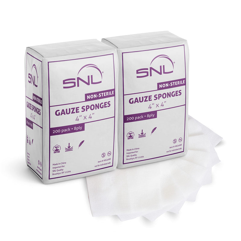 [Australia - AusPower] - SNL Quality 'Non-Sterile' Latex Free Gauze Sponge Pads - 8 Ply - 4" X 4" - Box of 400 (2X 200 Packs Inside) 