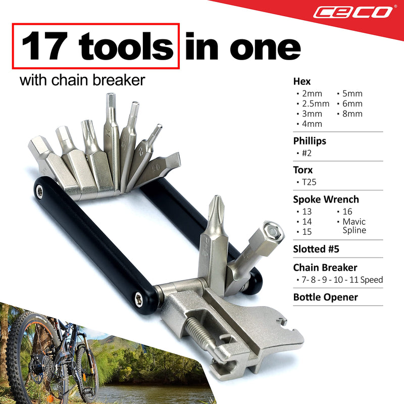 [Australia - AusPower] - CECO-USA 17 Function Bike Tool with Chain Breaker – Bicycle Multi Tool – Ultra Slim, Compact Pocket Sized, Lightweight – High Strength CR-V 6150 Tool Steel – Easy To Carry 