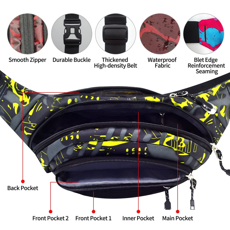 [Australia - AusPower] - NSYOOMH Large Fanny Pack for Women & Men, 5-Zipper Pockets Water Resistant Practical Waist Bag, for Outdoor Running Cycling Sports Travel Hiking Fishing Fashion Camo Black Belt Bags 