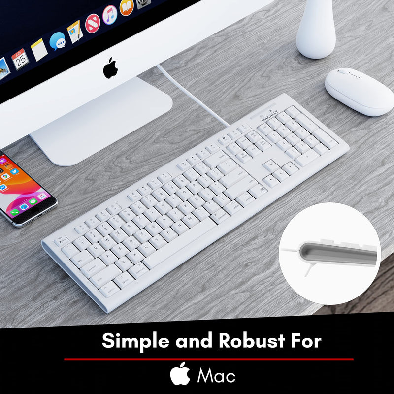 [Australia - AusPower] - Macally Full-Size USB Wired Keyboard for Mac Mini/Pro, iMac Desktop Computer, MacBook Pro/Air Desktop w/ 16 Compatible Apple Shortcuts, Extended with Number Keypad, Rubber Domed Keycaps - Spill Proof white 