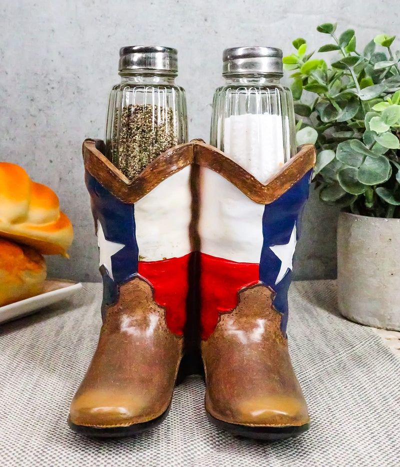 [Australia - AusPower] - Ebros Western Cowboy Or Cowgirl Texas Flag Boots Salt And Pepper Shakers Set With Decorative Resin Display Holder Figurine And Glass Shakers Kitchen Two Step Spice Decor 