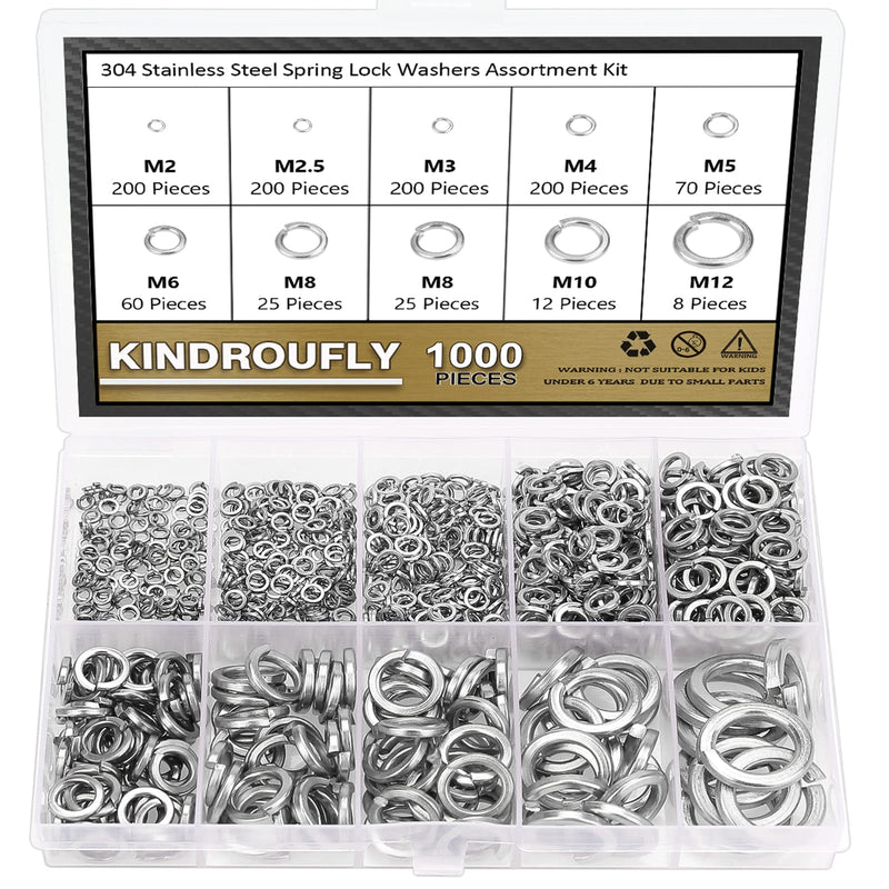 [Australia - AusPower] - 1000 Pieces 304 Stainless Steel Lock Washers, Split Lock Washers, Kindroufly 9 Sizes Spring Lock Washers, Lock Metal Washers Assortment Kit (M2 M2.5 M3 M4 M5 M6 M8 M10 M12) Silver 