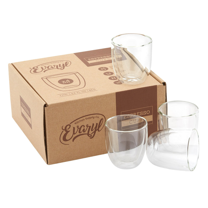 [Australia - AusPower] - Double Wall Espresso Cup Set of 4 - Insulated Expresso Coffee Cups Sets - Stackable Espresso Shot Glasses - 2.6oz Demitasse Espresso Cups Glass Set for Lungo, Doppio & Turkish - Espresso Gift Set Mugs 