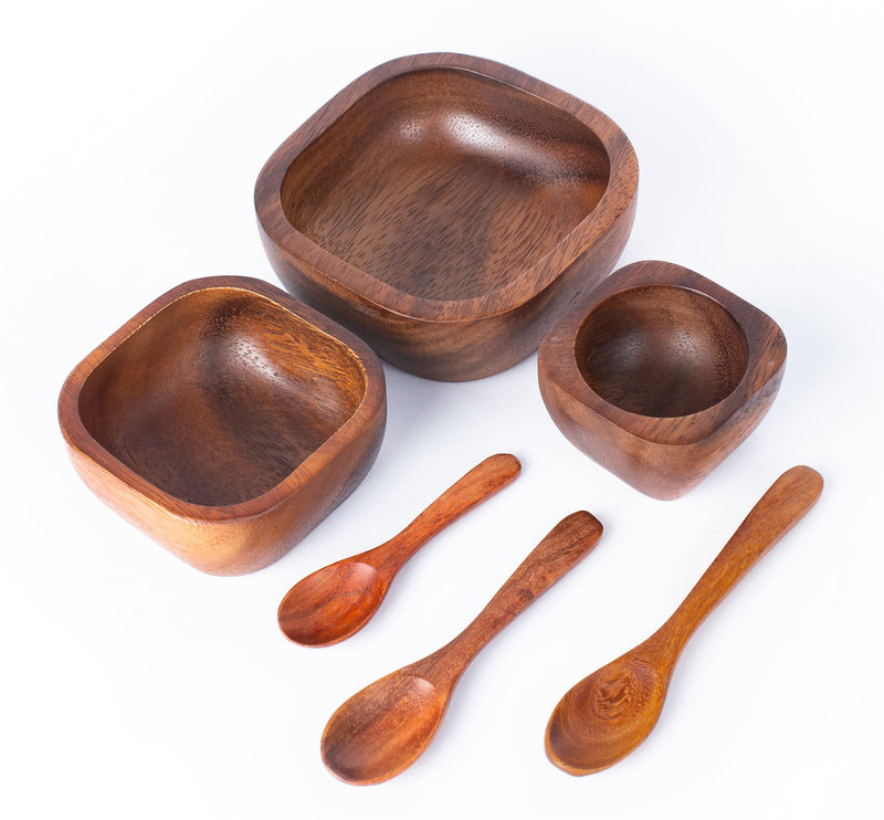 [Australia - AusPower] - Tiny Acacia Wood Nesting Square Set 3 Serving Bowl 3¾”, 2¾”, 2⅛” Small 3 Wooden Spoon Mix size Stackable little Dish for Prep Salt Pepper Mustard Wasabi Dip sauce Salsa Nut Tableware Wooden Nest Bowl 