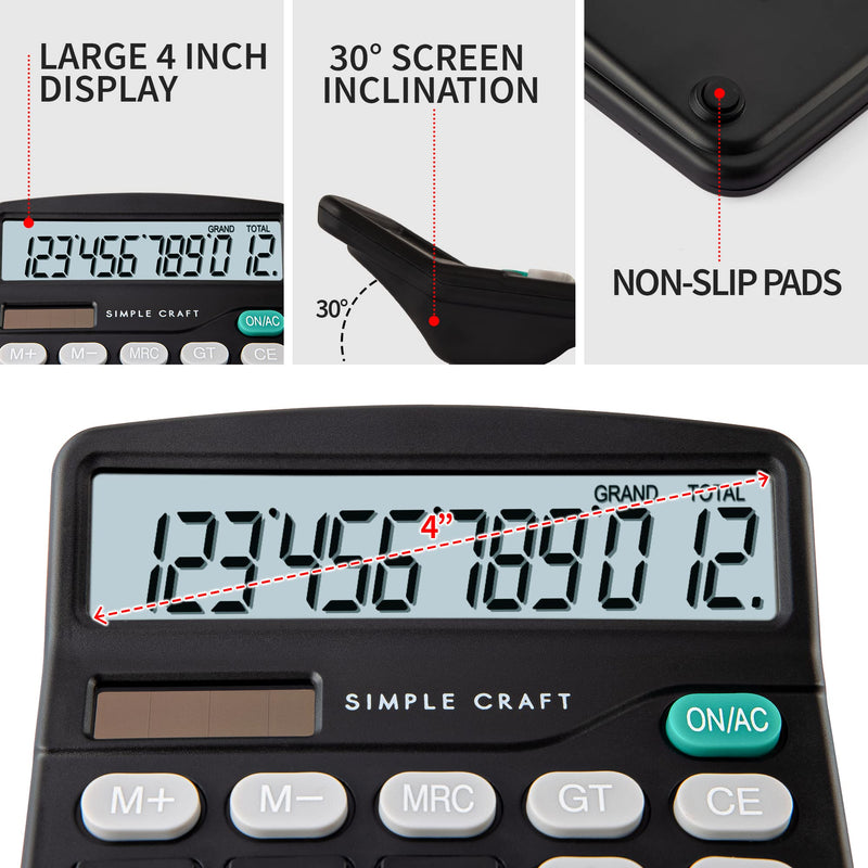 [Australia - AusPower] - Simple Craft 12-Digit Desk Calculator Large Display 4” LCD Screen - Solar Powered Office Calculators Desktop Tool with Big Sensitive Buttons - Handheld Basic Calculator for Home and Office (Black) Black 