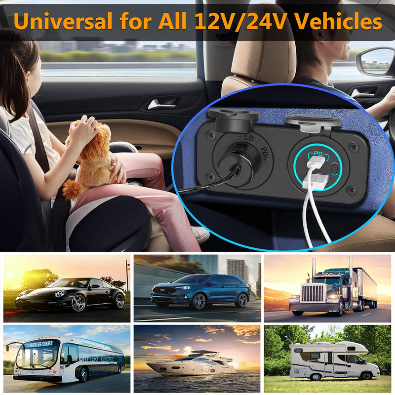 [Australia - AusPower] - [Upgraded Version] 12V Cigarette Lighter Socket, Quick Charge 3.0 & PD 3.0 USB Charger Power Outlet with Button Switch, Waterproof 12 Volt Adapter for Car Motorcycle Boat Marine RV Golf Cart etc. 