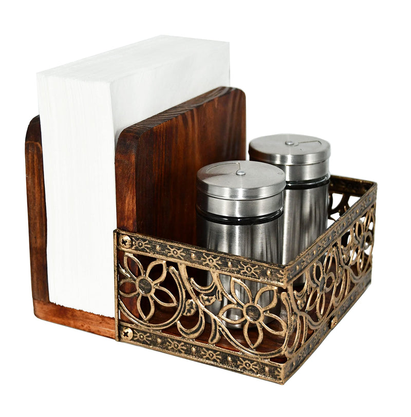 [Australia - AusPower] - Owlgift Two-in-one Rustic Brown Wood Condiment Tabletop Serving Caddy with Napkin Holder, Metal & Wooden Napkin Holder, Freestanding Salt & Pepper Napkin Holder, Malfunction Salt Pepper Storage Holder Brown & Bronze 