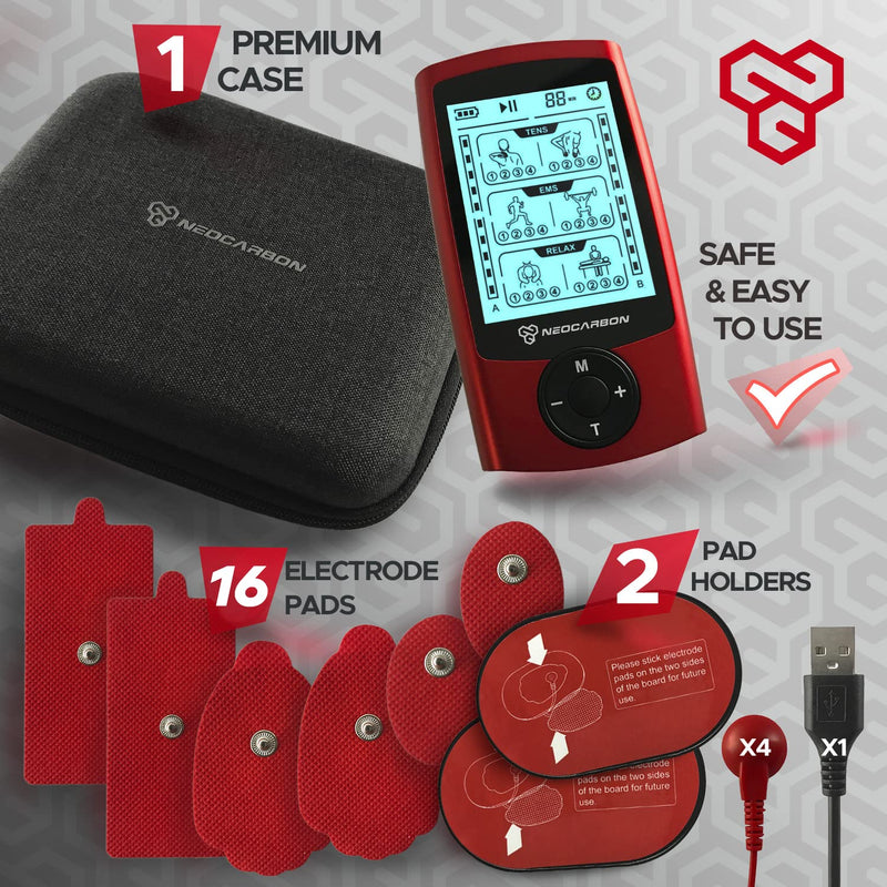 [Australia - AusPower] - Dual Channel TENS EMS and Relax Muscle Stimulator, Electronic Pulse Massager Unit, 16 Electrode Pads, Travel Case 