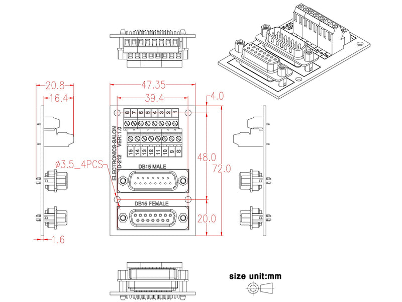 [Australia - AusPower] - Electronics-Salon D-SUB DB15 Male/Female Header Breakout Board, DSUB Terminal Block, Connector. 