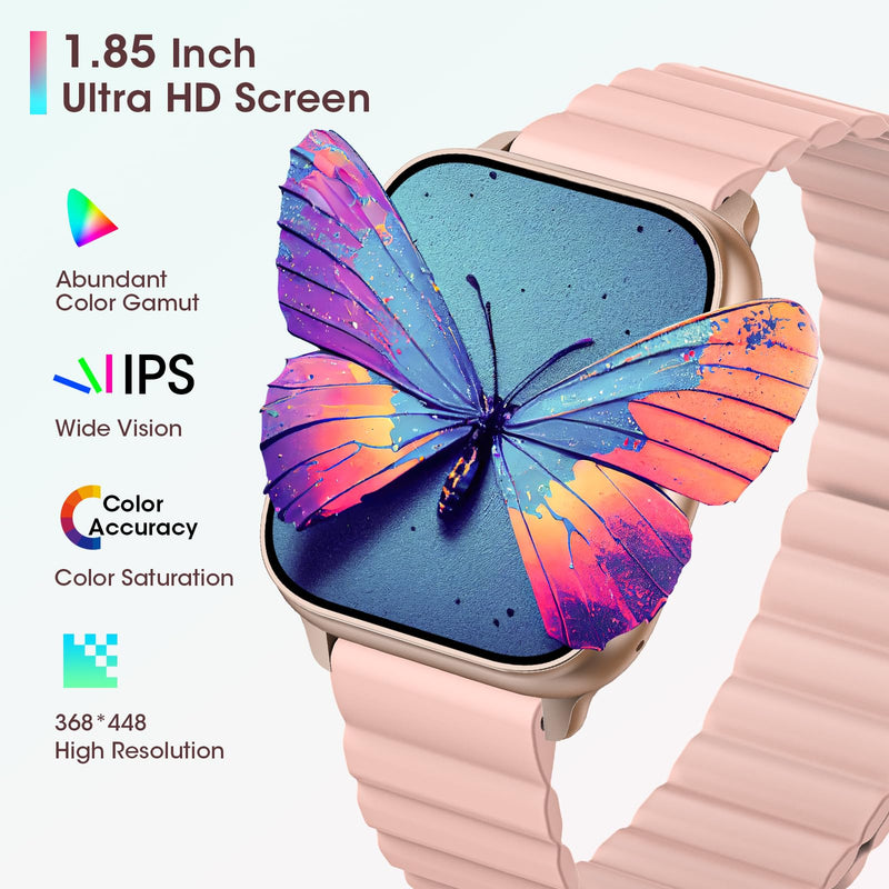 [Australia - AusPower] - Smart Watches for Women(Answer/Make Calls), 1.85'' Bluetooth Smartwatch for Android iPhone, Outdoor Activity Fitness Tracker with Heart Rate/SpO2/Sleep Monitor/Two Bands, IP68 Waterproof Fitness Watch Pink 
