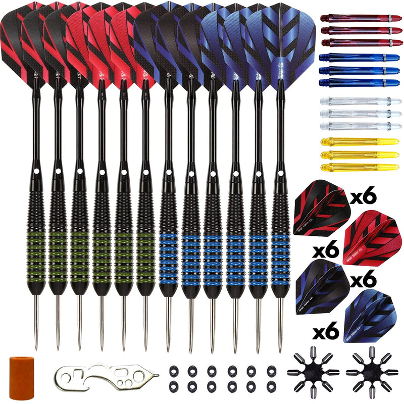 [Australia - AusPower] - Steel Tip Darts Set - Professional 12PC Darts Steel Tip for Dartboard - Includes Steel Brass Barrels + Plastic & Aluminum Shafts + O-Ring's + Flights & Protectors + Sharpener + Wrench 21g-STC10431 