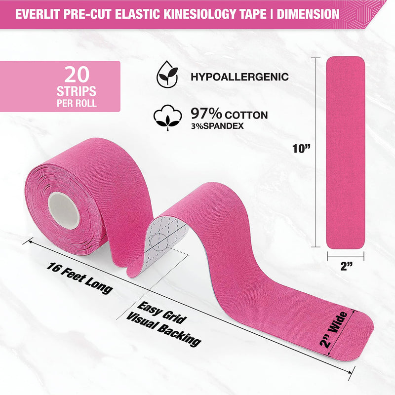 [Australia - AusPower] - EVERLIT [4-Pack] Pre-Cut Elastic Cotton Kinesiology Therapeutic Athletic Sports Tape, for Pain Relief and Support, 80 Precut 10” Strips (Pink) Pink 