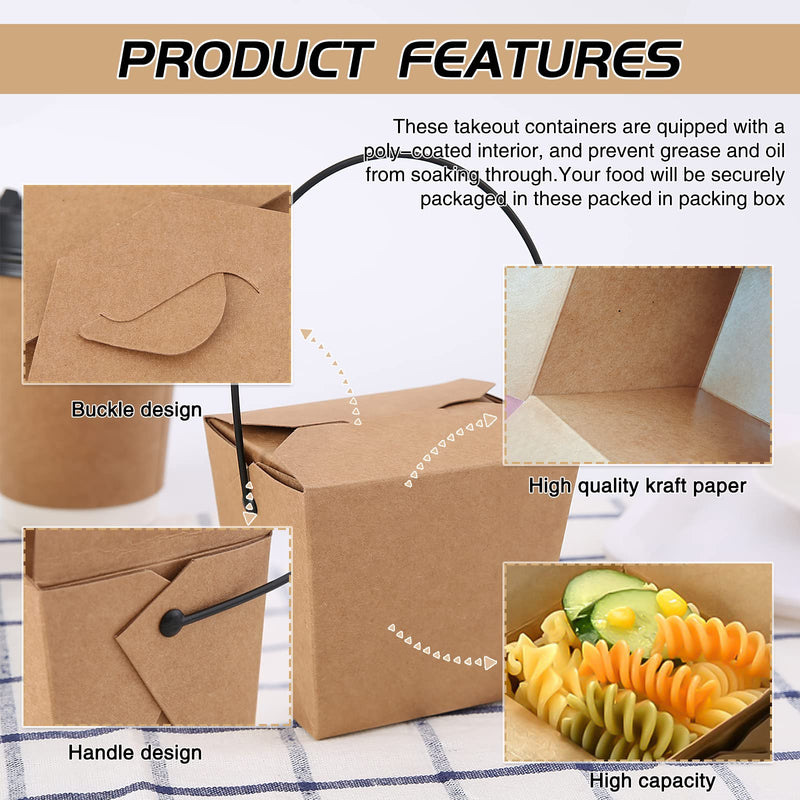 [Australia - AusPower] - 8 Pack Disposable Take Out Food Containers, 32 oz Microwaveable Leak Proof Chinese Boxes with Plastic Wire Handl, Kraft Brown Recyclable Lunch Box for Restaurant, Catering and Party Favor Boxes 8 