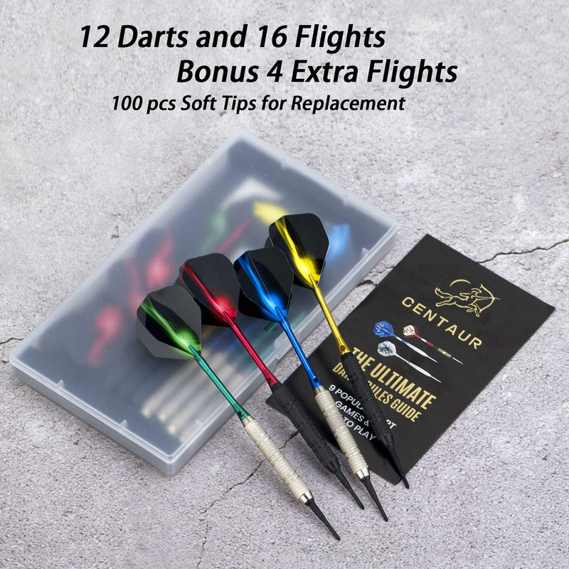 [Australia - AusPower] - centaur 12 Pack Soft Tip Darts, Professional 18 Gram Plastic Tip Dart Sets with 4 Colors Premium Aluminum Shafts 100 Dart Tips 16 Dart Flights and Dart Case for Electronic Dart Board, Silver & Black 