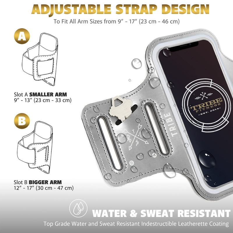 [Australia - AusPower] - TRIBE Water Resistant Cell Phone Armband Case Running Holder for iPhone Pro Max Plus Mini SE (13/12/11/X/XS/XR/8/7/6/5) Galaxy S Ultra Plus Edge Note (21/20/10/9/8/7/6/5) Adjustable Strap & Key Pocket Grey L: iPhone+/Pro Max/XR/XS Max/Galaxy+/Ultra/Note 