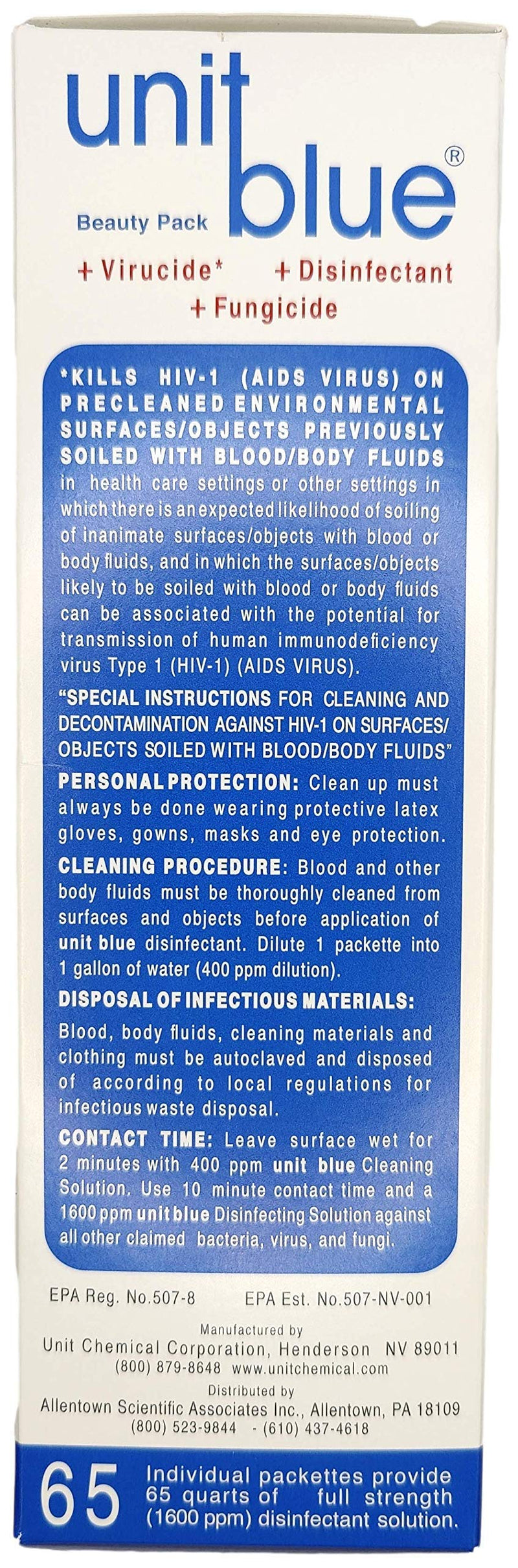 [Australia - AusPower] - Unit Blue Disinfectant Concentrate | Anti-Rust Formula | Perfect for Combs, Brushes, Scissors, Razors and more | 65 Sachets Make 65 Quarts of Solution | Virucide, Fungicide and Disinfectant 