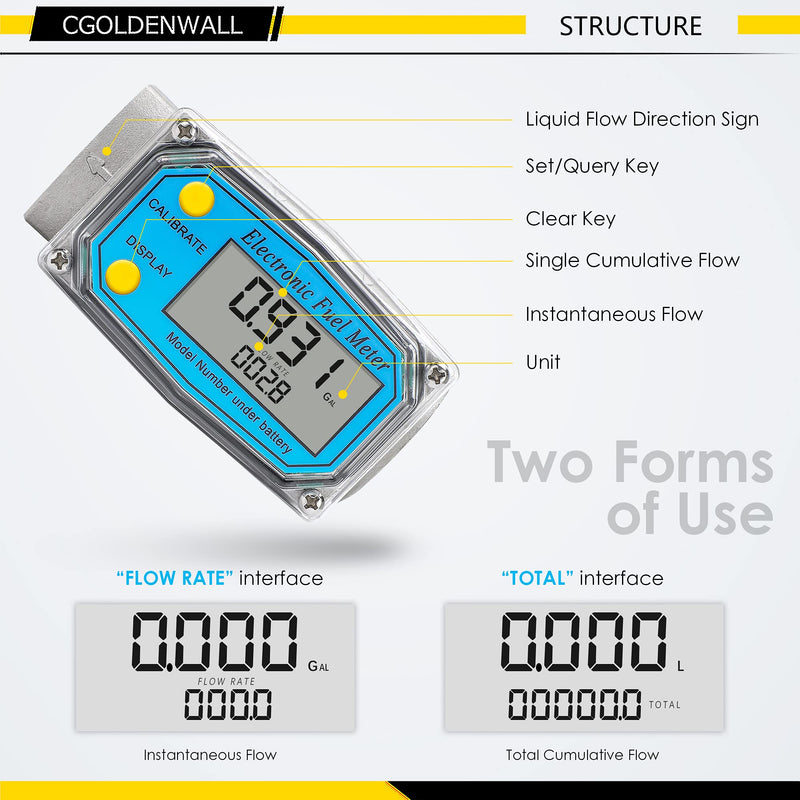 [Australia - AusPower] - CGOLDENWALL Turbine Flow Meter LCD Digital Display Flowmeter with 1-Inch FNPT Inlet/Outlet, Gas Oil Fuel Flowmeter for Diesel, Kerosene, Gasoline 2-26.4 GPM /9-100 LPM (1 inch) 1 inch 