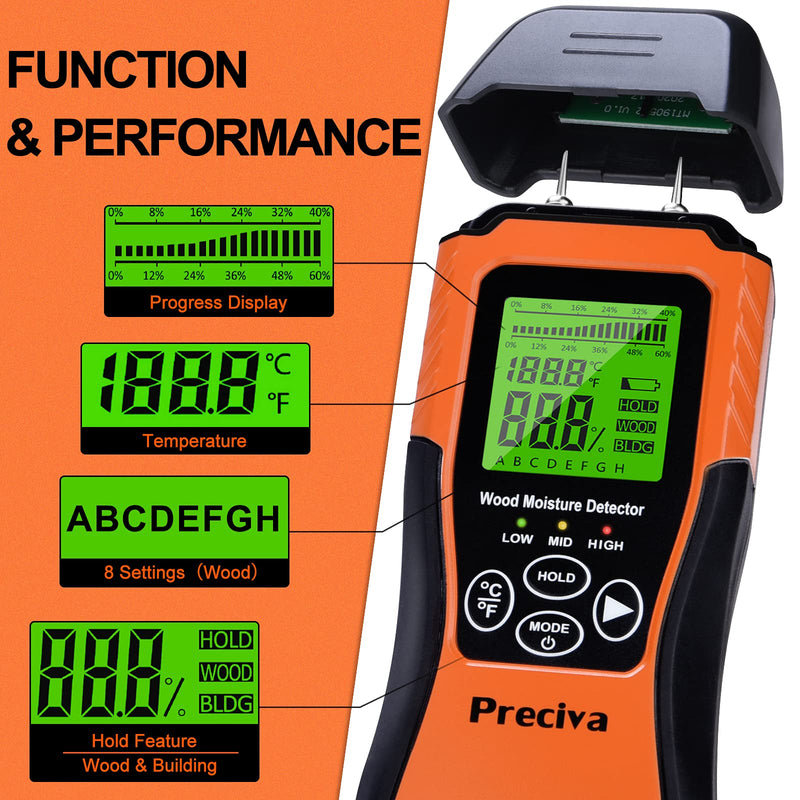 [Australia - AusPower] - Wood Moisture Meter, Preciva Digital Moisture Detector, Wood Humidity Tester, Water Leak Detector with 8 Modes, Wood and Building Material Dampness Inspection with Backlit LCD Display (Orange) Orange 