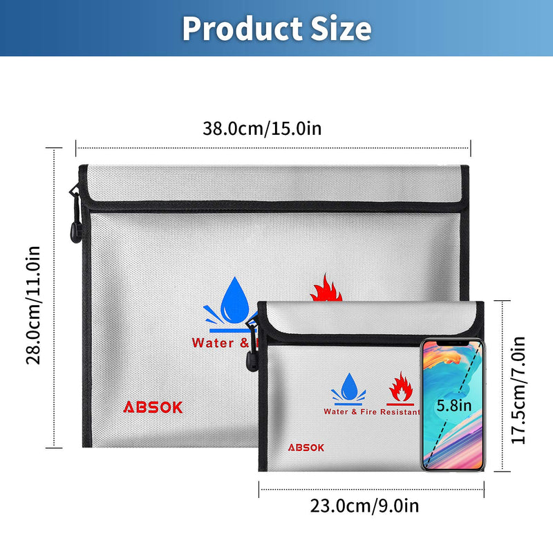 [Australia - AusPower] - Fireproof Document Bag，Fireproof Money Safe Document Bag 15 x11 & 9x7 Inches Set Non-Itchy Silicone Coated Fire Resistant Bag Fireproof Safe Storage for Money, Documents, Jewelry and Passport 