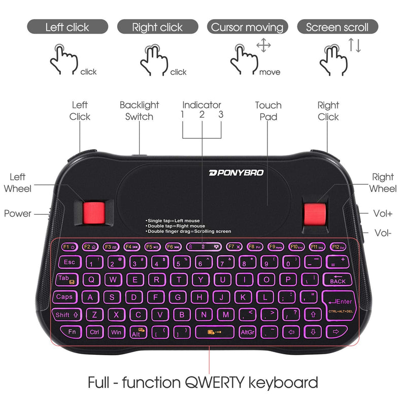[Australia - AusPower] - PONYBRO Backlit Mini Bluetooth Wireless Keyboard with Touchpad QWERTY keypad,Support Bluetooth＆2.4G USB Connection,Rechargeable Handheld Keyboard Remote for Smartphones,Smart TV,Android TV Box,PC,Pad. 