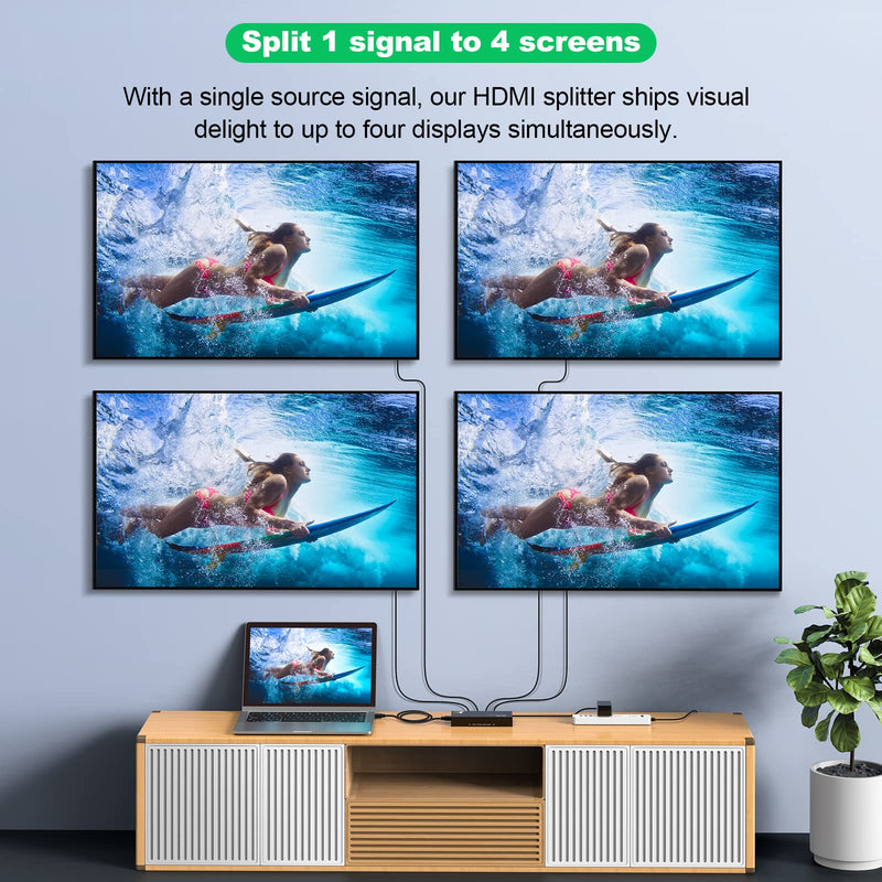 [Australia - AusPower] - HDMI Splitter 1 in 4 Out, JCHICI HDMI Splitter 4K@60Hz 4:4:4, HDMI Splitter for Dual Monitors, EDID Control, Compatible with Xbox PS4 Blu-Ray Player HDTV (1 Source onto 4 Displays) 4 port hdmi splitter 