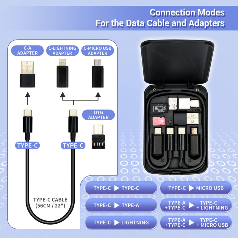[Australia - AusPower] - Multi-Functional Compact Cable Card with 22" USB-C Cable & USB-A/Micro-USB/Lightning/OTG USB Adapter Kit Cable Convertor Storage Box for Traveling Phone Pad Charging PC Computer Data Transfer 