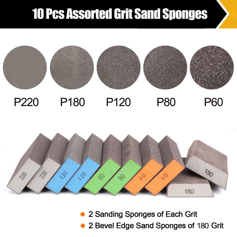 [Australia - AusPower] - BOSHCRAFT 10 Pack Sanding Sponge, Washable and Reusable Sanding Block for Wood Drywall Metal Glasses Coarse/Medium/Fine/Superfine in 60/80/120/220 Grit Sandpaper Block Sand Paper Brick (3.9'' × 2.8'') 