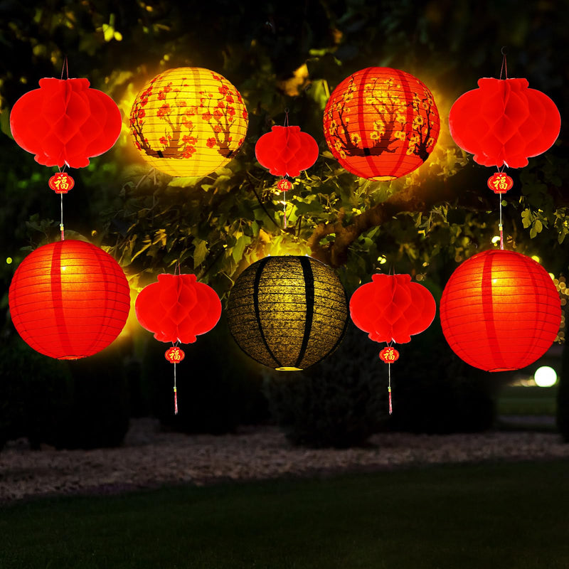 [Australia - AusPower] - Tuanse 30 Pcs LED Chinese Japanese Lanterns Decoration Includes Cherry Flowers Paper Lanterns Red Chinese Lanterns and LED Lantern Lights for New Year Spring Festival (Red, White, Black,Multi Size) 