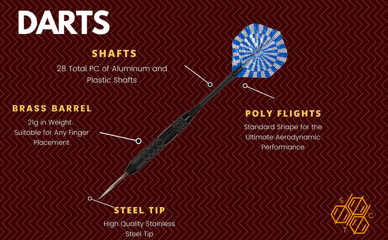 [Australia - AusPower] - SHOT TAKER CO. EST. 2017 Professional Steel Tip Darts 12 PC Set | 12 PC Brass Barrels | 12 PC Aluminum Shafts 48mm | 16 PC Flights Standard Shape | 1 Multi-Purpose Dart Tool | 1 Carry Bottle 21g Deluxe 50/50 