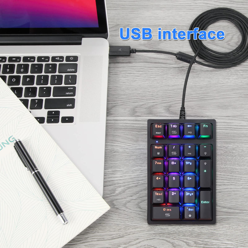[Australia - AusPower] - Motospeed Macro Mechanical Numeric Keypad USB Wired 21 Keys Mini Numpad Portable Keypad RGB Backlight Gaming Keypad Extended Layout for Cashier(Fully Programmable Keys) Blue Switch 