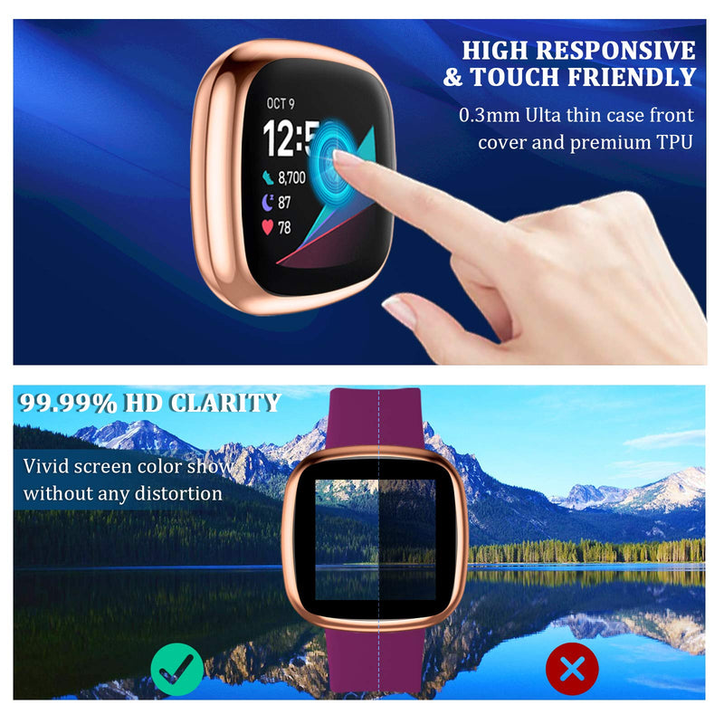 [Australia - AusPower] - Maledan Compatible with Fitbit Sense & Versa 3 Screen Protector Case, Ultra Thin Full Protective Case Cover for Fitbit Versa 3/Sense Smartwatch Bands Accessories, 3 Pack Rose Gold/Silver/Gold Gold/ Rose Gold/ Silver 