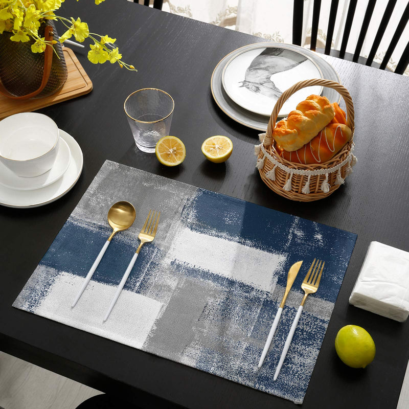 [Australia - AusPower] - Bingigo Blue Placemats Set of 6 for Dining Table Cotton Linen Heat Insulating Kitchen Table Mats Durable Washable Blue and Grey Abstract Paint Art Graffiti Farmhouse Placemat for Dinner Party 13"X19"(33x48cm)*6pc Abstractbig1865 