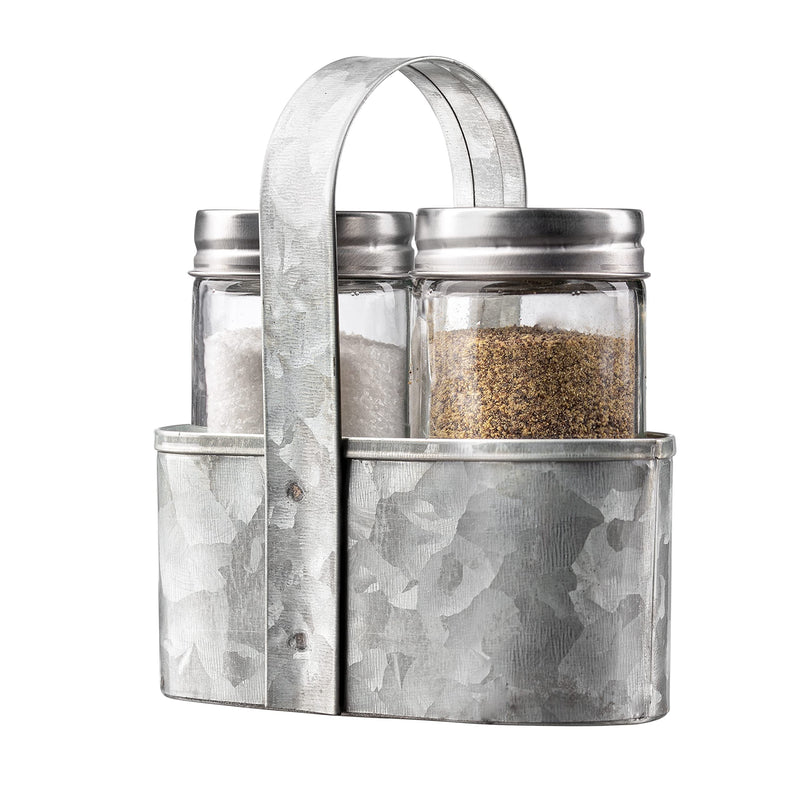 [Australia - AusPower] - Royalty Art Farmhouse Salt and Pepper Holder with Carry Handle, Rustic Home Decor for Kitchen Counter, Picnic Table, BBQ, and Camping, Silver Galvanized Steel 