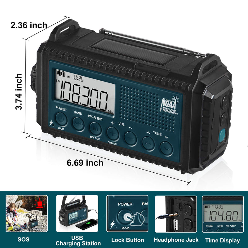 [Australia - AusPower] - Auto NOAA Alert Digital Weather Radio 5000 Solar Hand Crank AM FM Shortwave Portable Battery Operated Emergency Survival Radio with Camping Flashlight,Reading Lamp,USB Charger,SOS,Clock,LCD Display Blue(Auto Alert) 