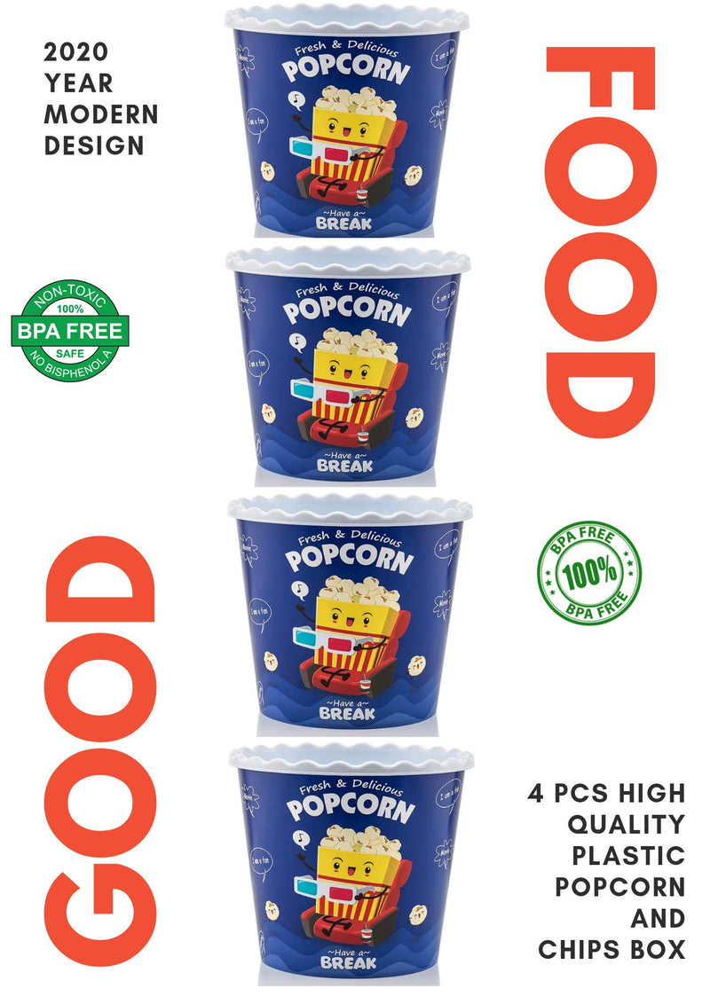 [Australia - AusPower] - Modern Style Reusable Plastic Popcorn Box / Popcorn Containers / Popcorn Bowls Set for Movie Theater Night - (BPA Free - BLUE 4 Pack-75 oz) 
