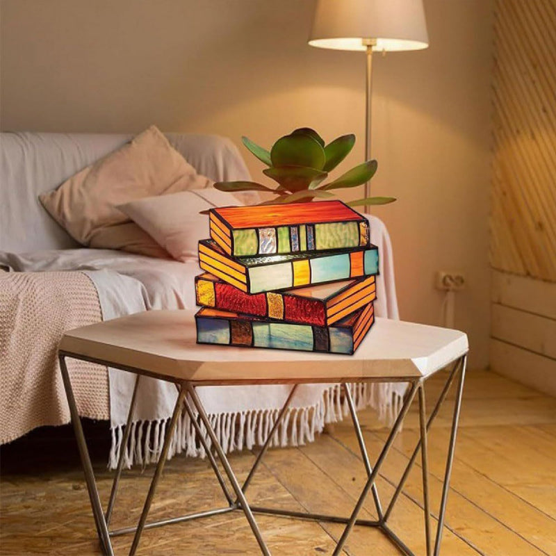 [Australia - AusPower] - Draduo Stained Glass Stacked Books Lamp, Stacked Books Resin Lamp, Stained Glass Nightstand Lamp,Handcrafted Resin Nightstand Desk Book Lamps 
