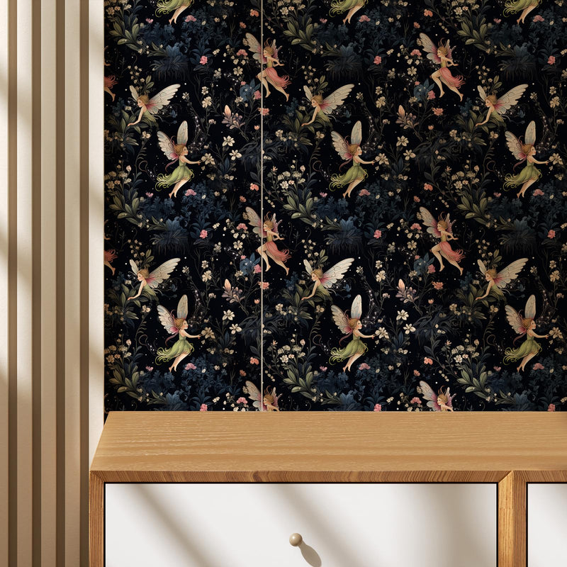 [Australia - AusPower] - Floral Wallpaper Fairy Girls Flying Night Sky Wallpaper Leaves Floral Peel and Stick Wallpaper Mural Removable Prepasted Floral Contact Paper for Cabinets Shelves Drawer Nursery Kids 17.71''x118.1'' 17.71â€x118.1â€ 