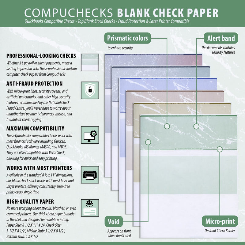[Australia - AusPower] - Compuchecks Blank Check Paper - 100 Business Checks Compatible with QuickBooks, Versacheck and laser, inkjet printers - Check stock on top and Paycheck Stub on Bottom - Platinum Pinstripe 