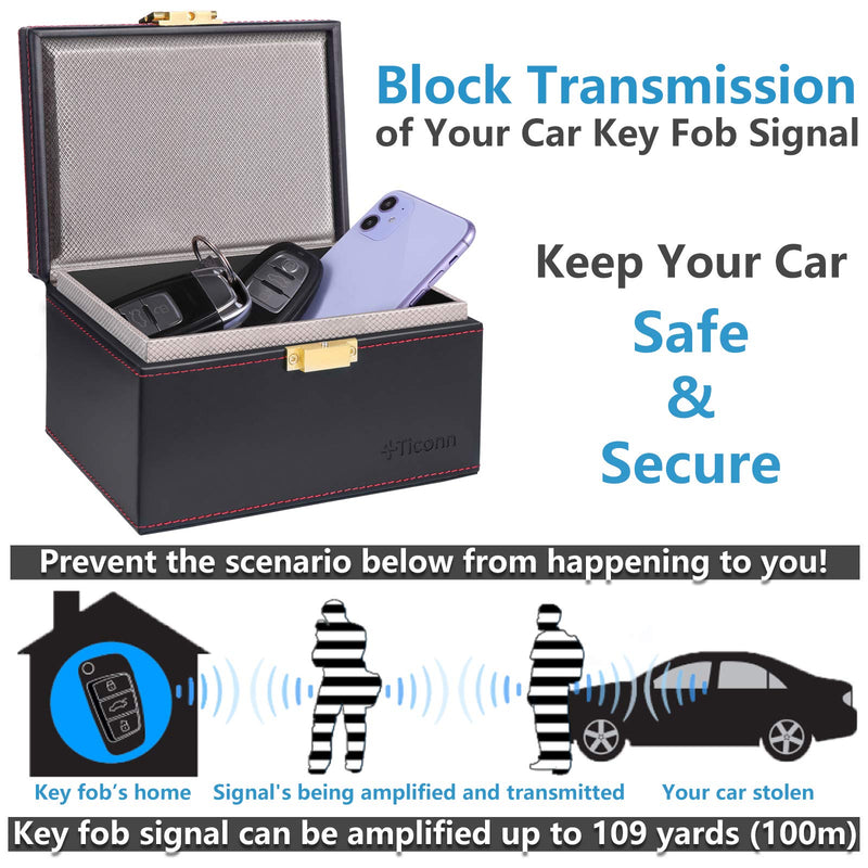 [Australia - AusPower] - TICONN Faraday Box, Car Key Fob Protector, PU Leather Signal Blocker for Keyless Fob, RFID Signal Blocking Pouch Cage 