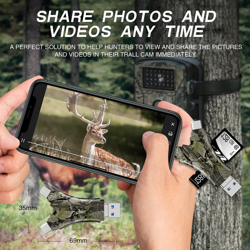 [Australia - AusPower] - Trail Camera Viewer SD Card Reader,4 in 1 SD and Micro SD Memory Card Reader Compatible with iPhone/ipad ,Trail Camera SD Card Viewer to View Hunting Game Camera Photos or Videos on Smartphone Camo 