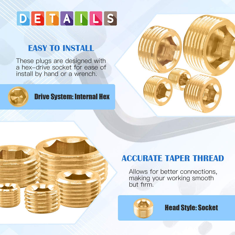 [Australia - AusPower] - Glarks 30Pcs Brass 1/8'' 1/4'' 3/8'' 1/2'' 3/4'' NPT Male Pipe Plug Fitting Set Internal Hex Thread Socket Pipe Plug Assortment Kit 30Pcs Assortment Set 