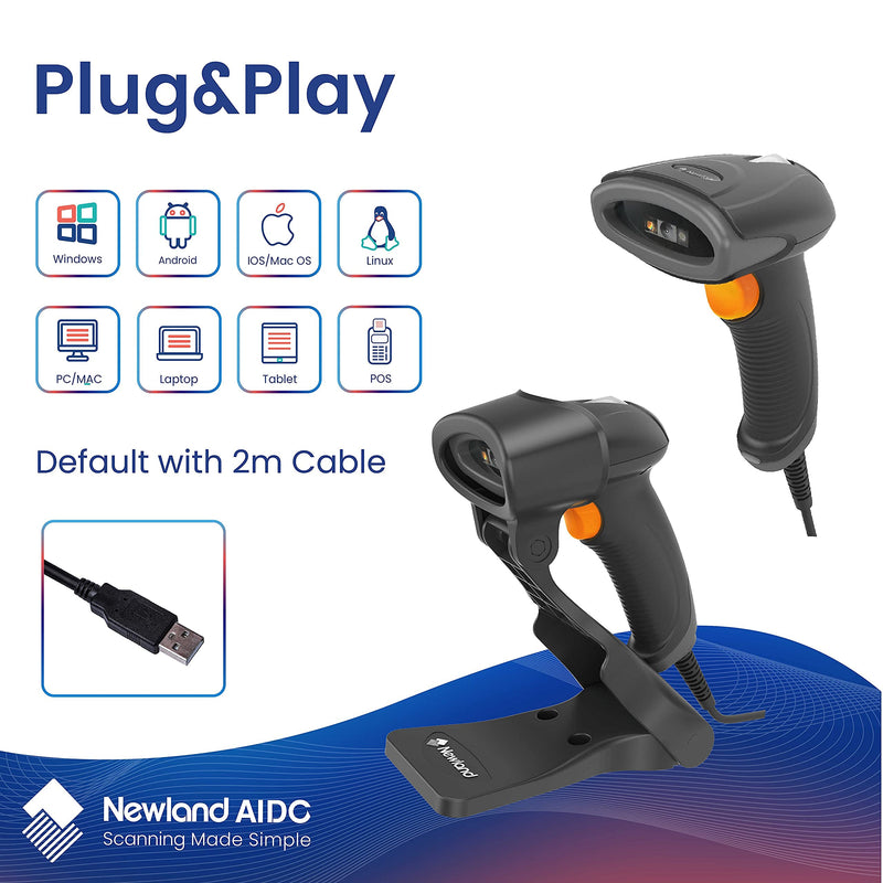 [Australia - AusPower] - Newland OY20 2D Barcode Scanner with Stand Handheld USB Barcode Scanner QR PDF417 Data Matrix 1D Bar Code Scanner Wired Barcode Reader for Windows/Mac/iOS/Android/Linux/POS 