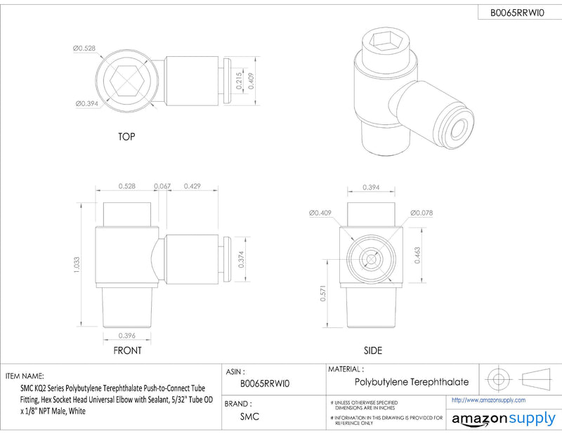 [Australia - AusPower] - SMC KQ2VS03-34AS PBT & Brass Push-to-Connect Tube Fitting with Sealant, Hex Socket Head Universal Elbow, 5/32" Tube OD x 1/8" NPT Male 