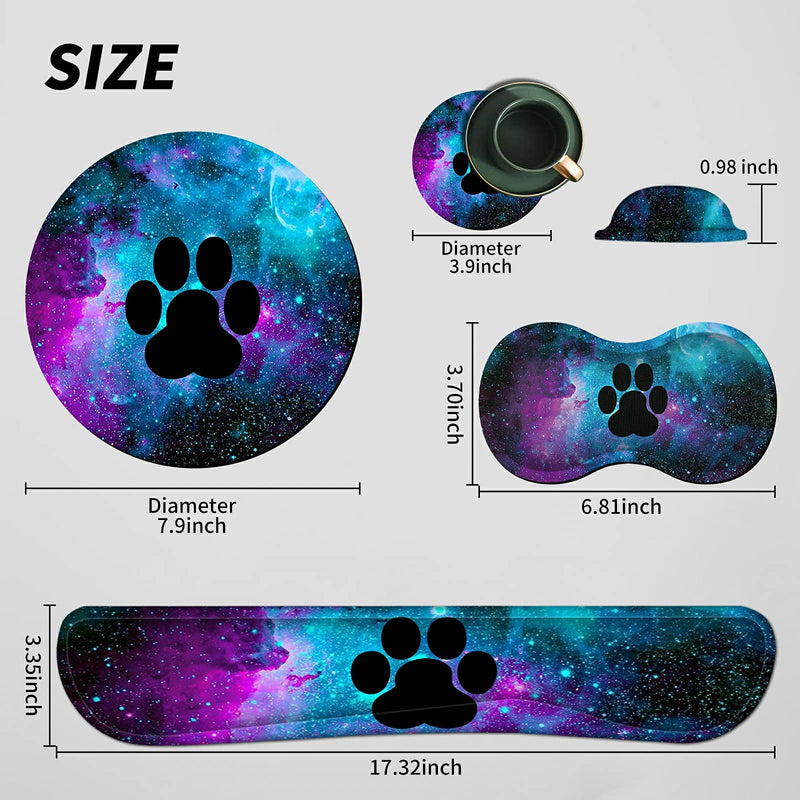 [Australia - AusPower] - Mouse Pad Wrist Support Keyboard Wrist Rest Combo+Cup Coaster [4-in-1] , Easy Typing Pain Relief, Memory Foam Gel Elbow Cushion Mousepad Set for Computer Laptop Office Home - Paw Galaxy 