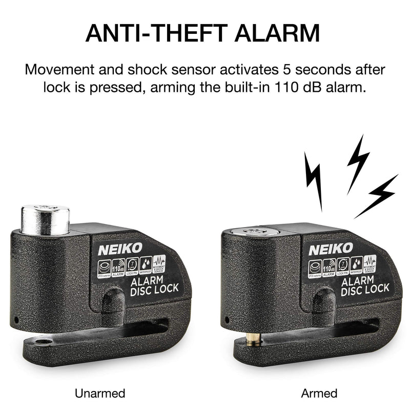 [Australia - AusPower] - NEIKO 52908A Motorcycle Wheel Disc Brake Lock with Alarm | Up to 110db Sound Alarm | Anti-Theft Motion Sensor Security | Universal Brake Rotors Padlock for Motorcycles, Bicycles, Scooters, and More 